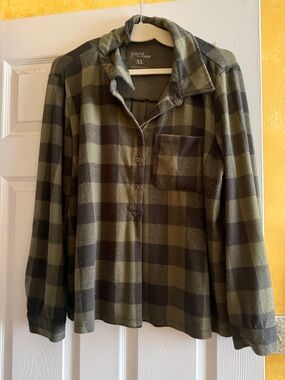 Grace & Lace Olive and Black Plaid Button-Front Shirt